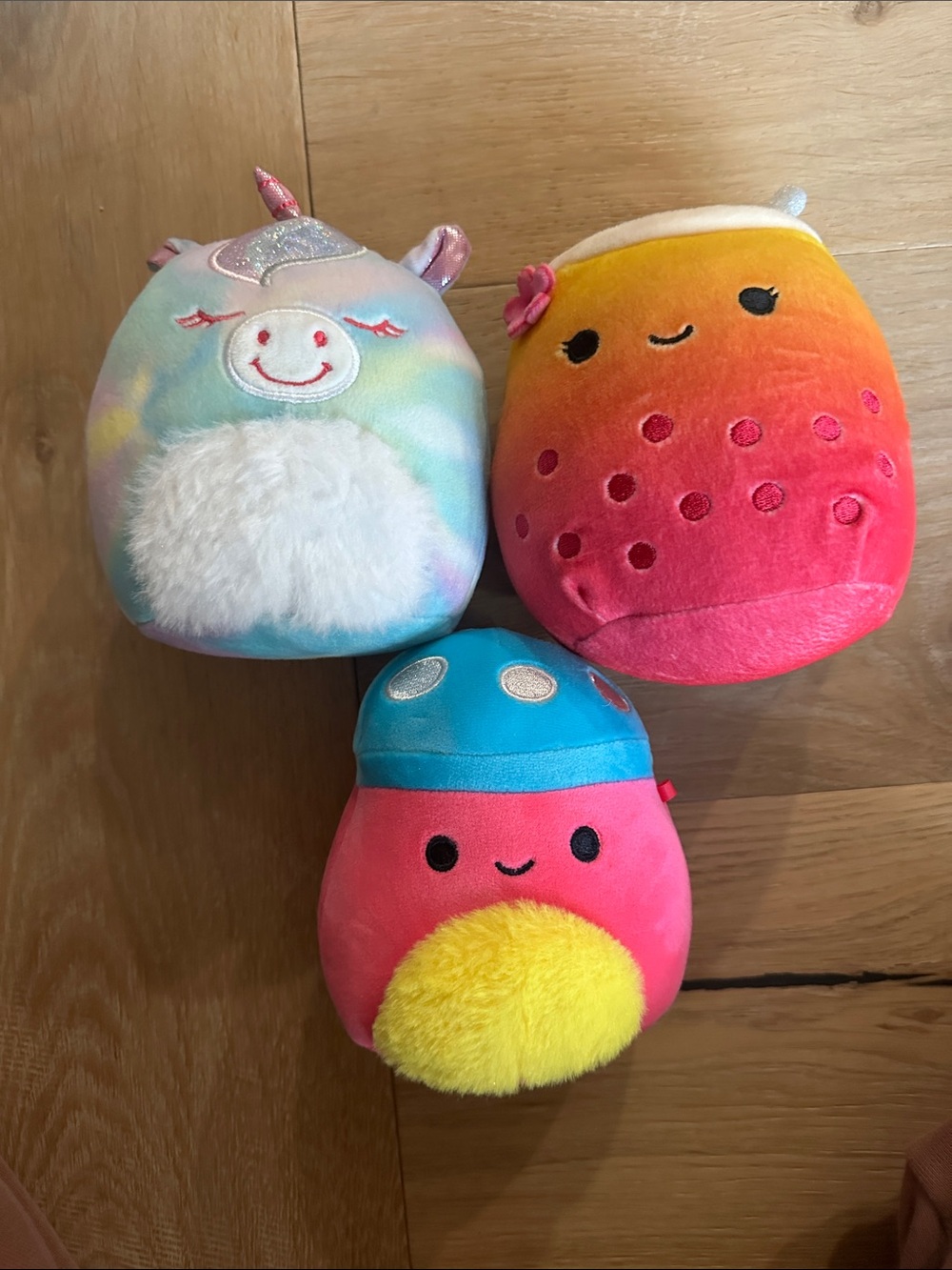 Set of 3 Colorful Plush Squishmallow’s Rainbow Unicorn, Bubble Tea, Sunny Friend